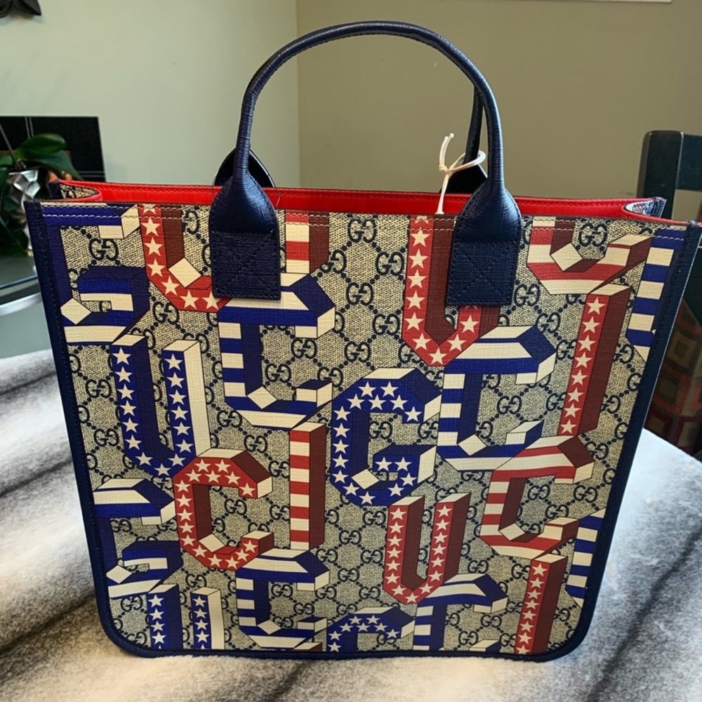 Gucci GG Logo Stars and Stripes Canvas Tote Bag